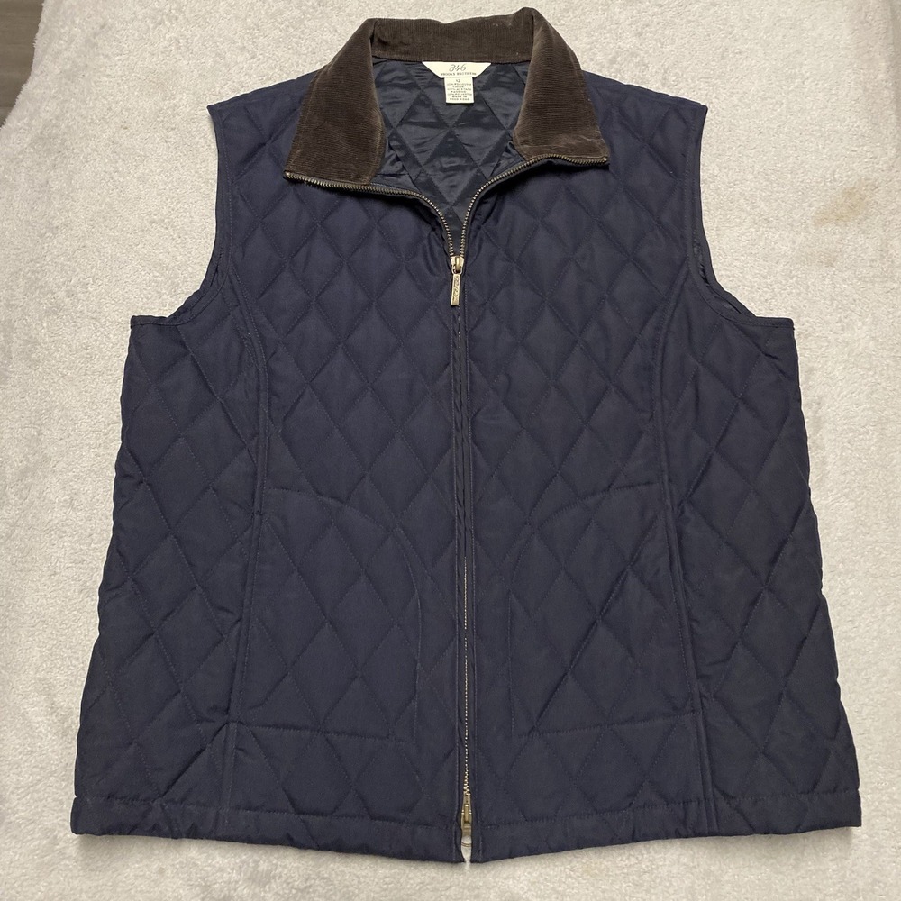 Brooks Brothers Quilted Vest Womens‎ 12 Navy Diamond Quilt Corduroy Collar Zip